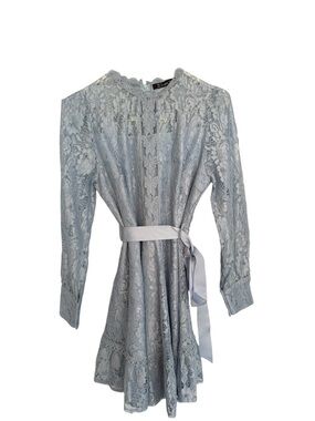 Simplee Apparel Light Blue Lace Long-Sleeve Mini Dress with Satin Waist Tie
